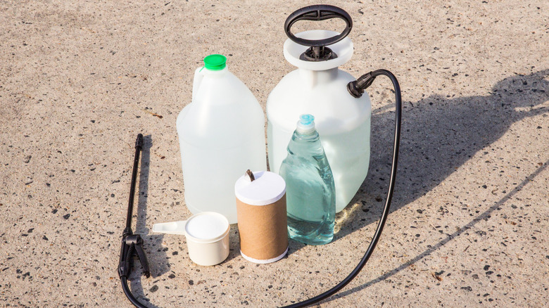 DIY Weed katili için sirke ve diğer malzemeler verandada düzenlenmiştir