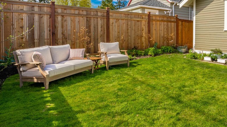 Bir evin bahçesinde ağır kanepe ve çimen üzerinde sandalye