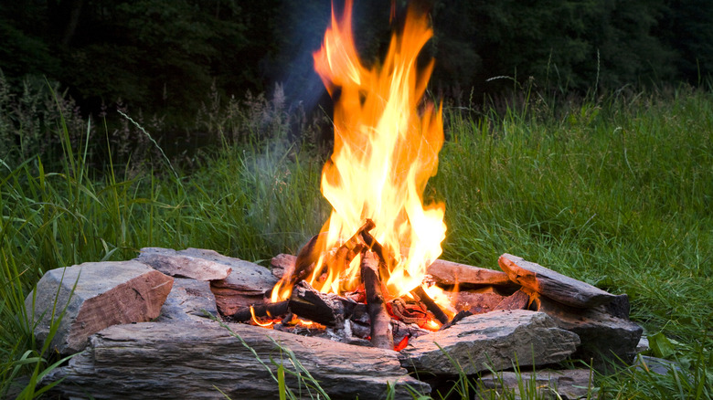Çimen üzerinde şeyl taşları ile yapılan bir çukurda ateş.