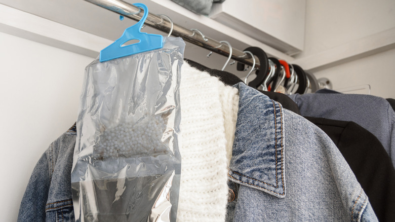Bir gardırop nem alıcı çantası bir dolapta giysinin önünde asılı