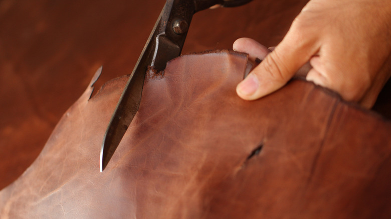 Siyah saplı paslı makaslı kahverengi deri kesen bir kadının elini kesiyor.