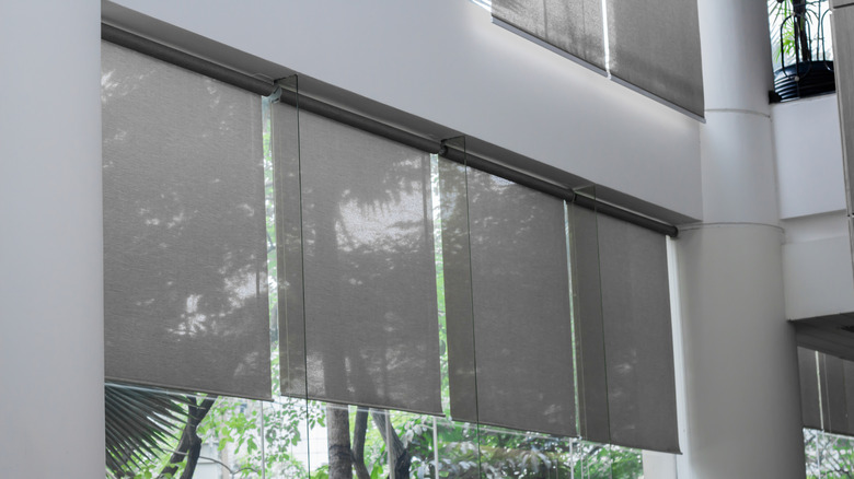 Yan yana birkaç gri silindir panjurlu büyük pencereler