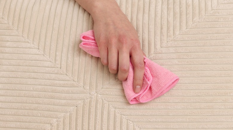 Pembe bir havlu ve silme bezi tutan bir kadın eli.