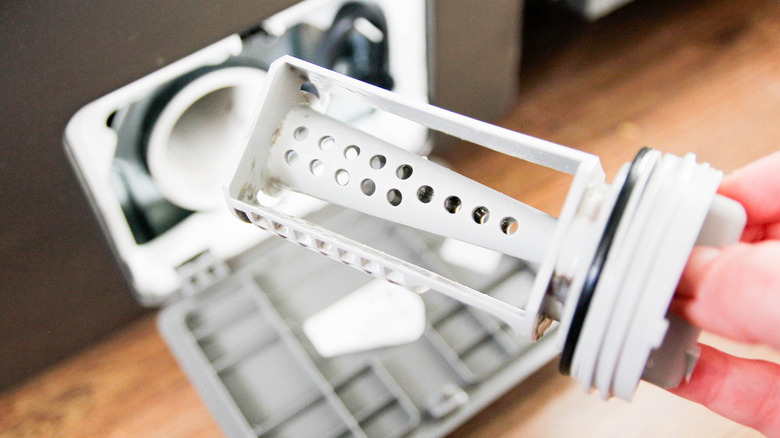 Bir çamaşır makinesi filtresi tutarak el