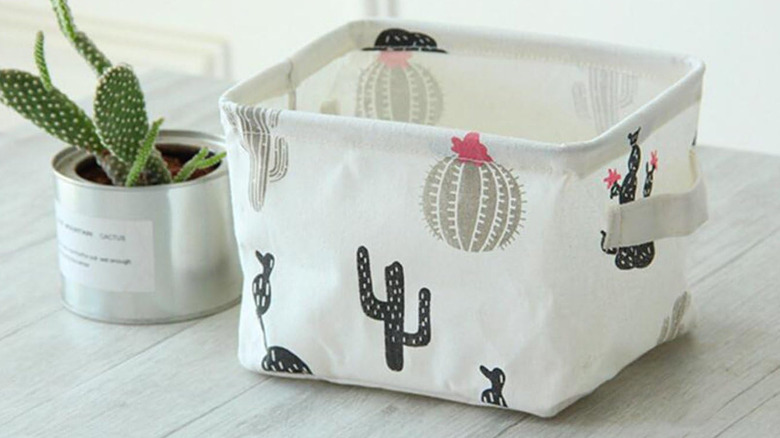 Yeşil saksı etinin yanında etli bir baskıya sahip beyaz bir depolama küpü