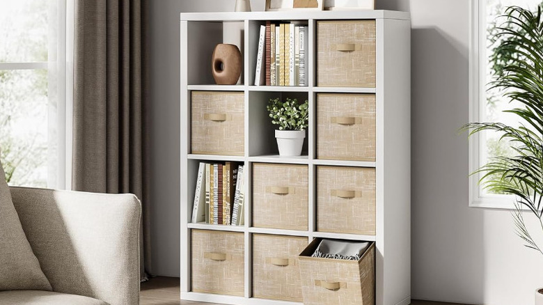 Ten rengi depolama küpleri, bitkiler, kitaplar ve yavrularda bir vazo içeren beyaz bir raf.