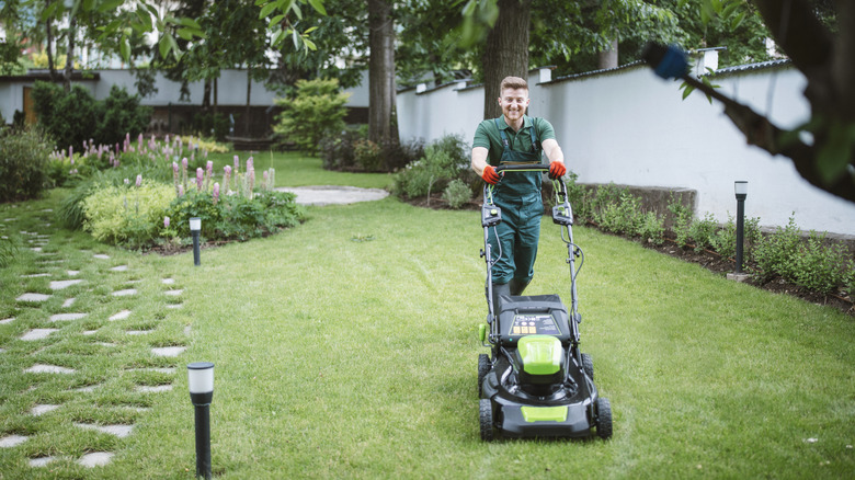 Bir avluyu biçen bir çim bakım uzmanı