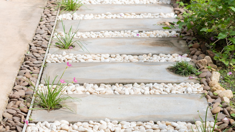 Driveway yakınlarındaki kayalarla sert manzaranın kapatılması