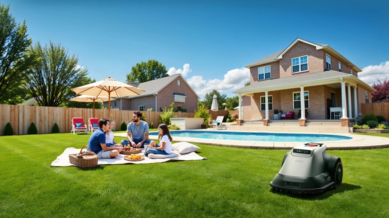 Bahçelerinde bir Eufy Robotik Çebekli'nin yanında piknik yapan bir aile