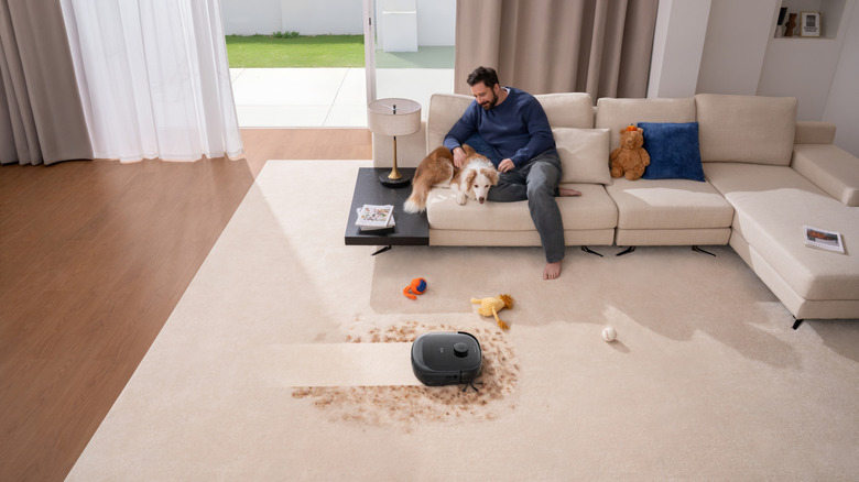 Bej bir halı üzerinde evcil hayvan saçlarını temizleyen bir eufy robot elektrikli