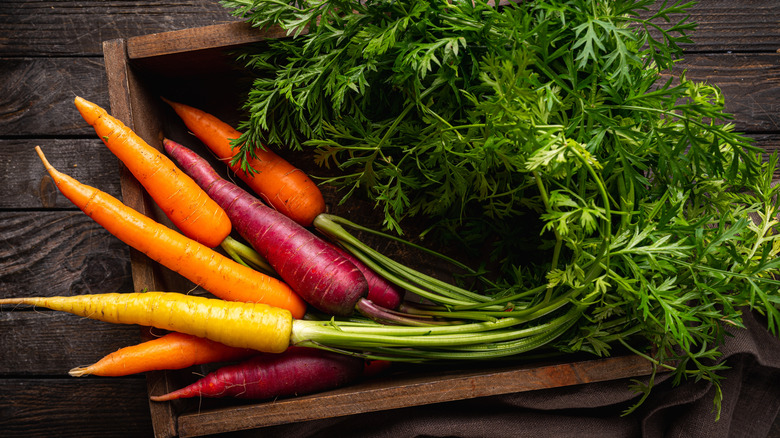 Bir kutuda bir grup gökkuşağı havuç