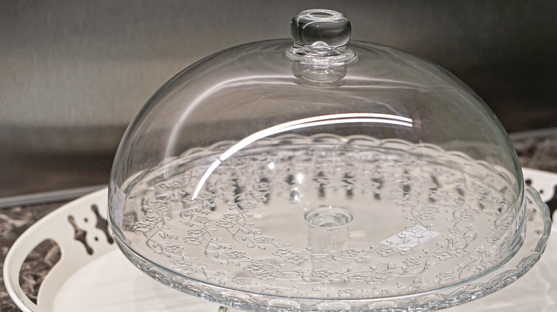 Bir tepsi üzerinde açık, boş bir cloche.