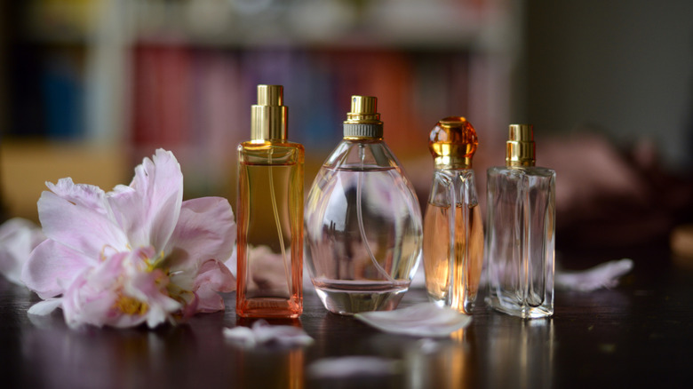 Bir masada üst üste güzel parfüm şişeleri.