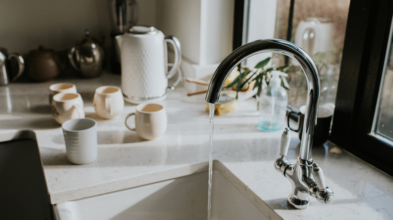 Su kupalarla çevrili bir mutfak lavabosuna akar