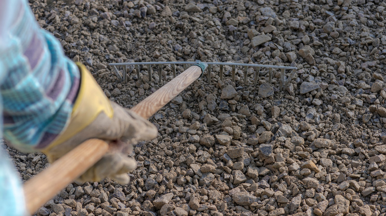 Hatta yayılmayı tanıtmak için tırmıkla çakıl yayan bir kişi