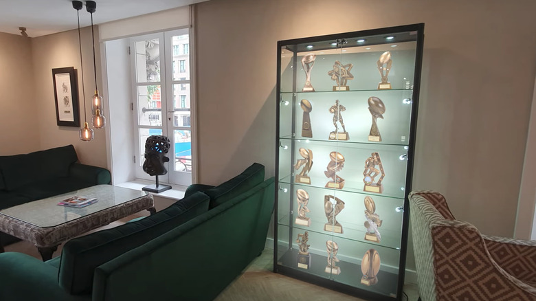 Bir oturma odasında ödüllerle parlak kupa ekran çantası