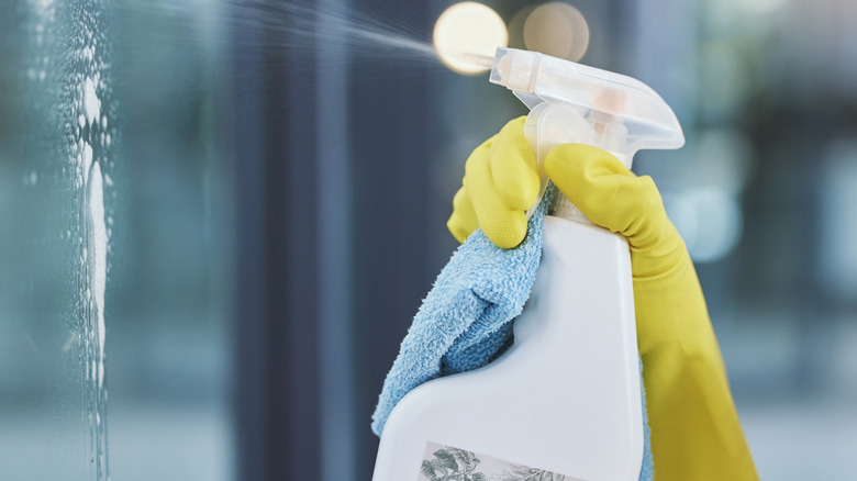 Eldivenli sarı el püskürtme pencere temizleyici cam, elinde bez