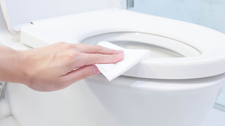 Bir tuvaletin koltuğu boyunca bir bez çalıştıran el