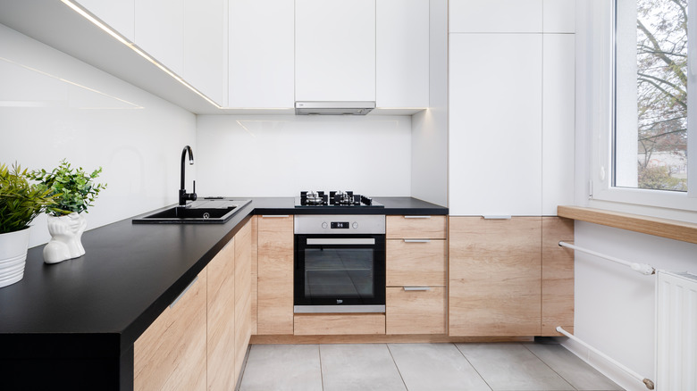 Tezgahta bir bitki bulunan dağınık, modern bir mutfak