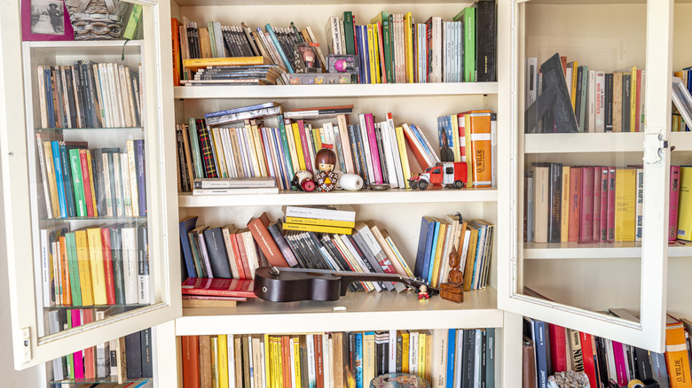 Kitapların önünde oyuncaklarla dağınık raflar