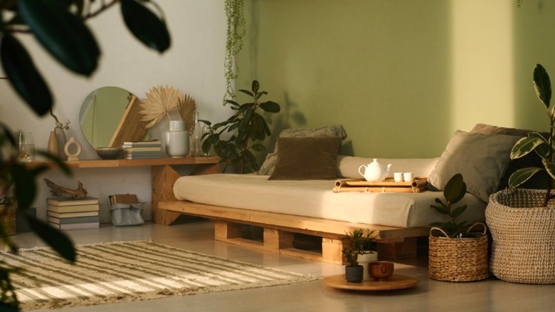 Dokuma sepetlerinde ve ahşap mobilyalarda bitkilerle biyofilik iç