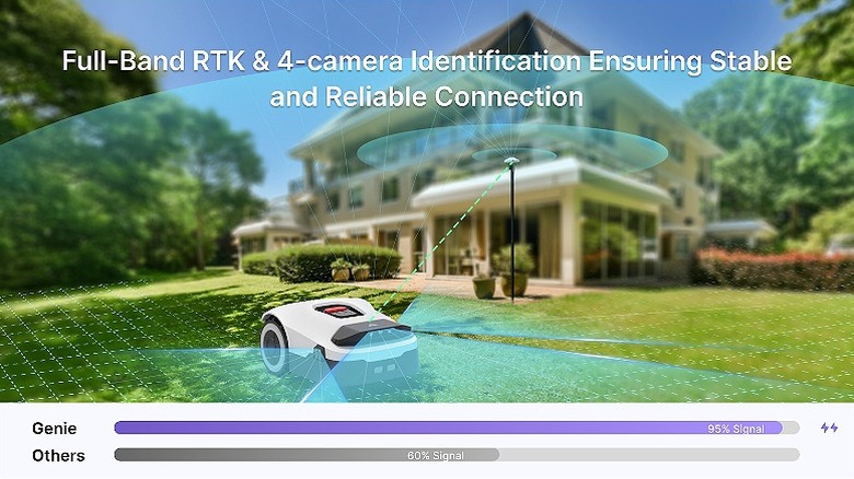 Bir genie serisi robot biçme makinesi, metinli bir evin önünde çim üzerinde oturur 