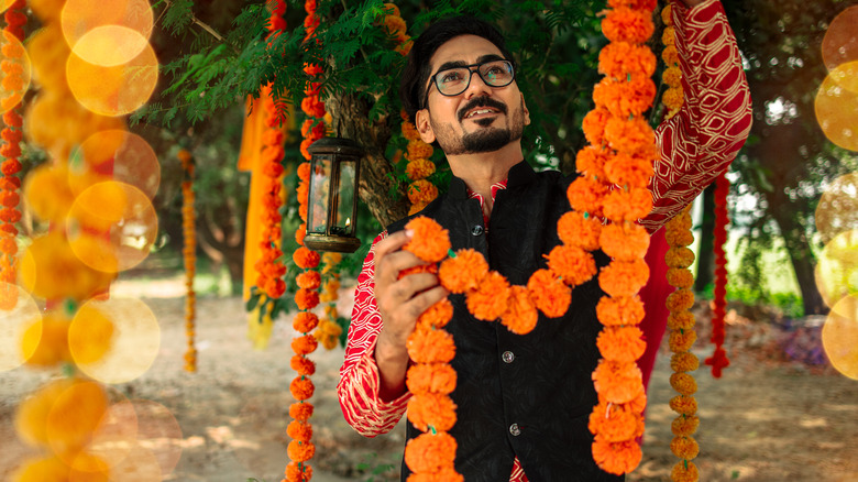 Genç bir Hintli adam, bir ağaçtan Marigolds'tan yapılmış bir çiçek çelenkini asıyor