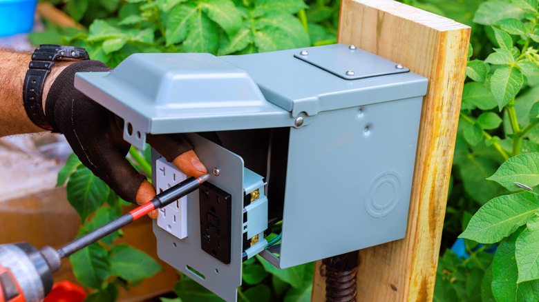 Bir bahçeye açık elektrik kutusu kuran kişi