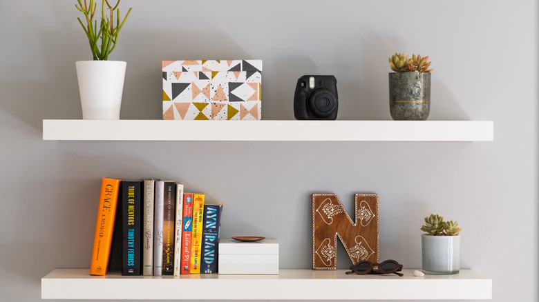 Diğer dekor öğeleri ve bitkilerle yüzen rafta gösterilen kitaplar