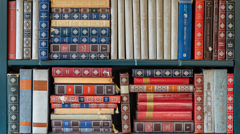 Yeşil duvar rafına dikey ve yatay olarak yerleştirilmiş renkli kitap yığınları