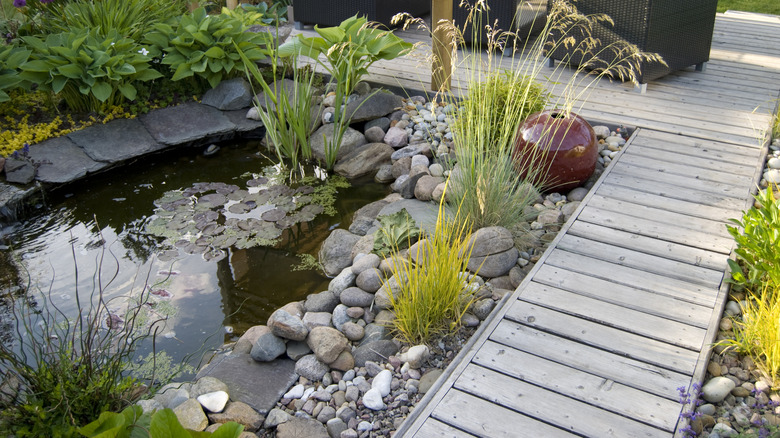 Güverte ve taşlarla çevrili arka bahçe göleti