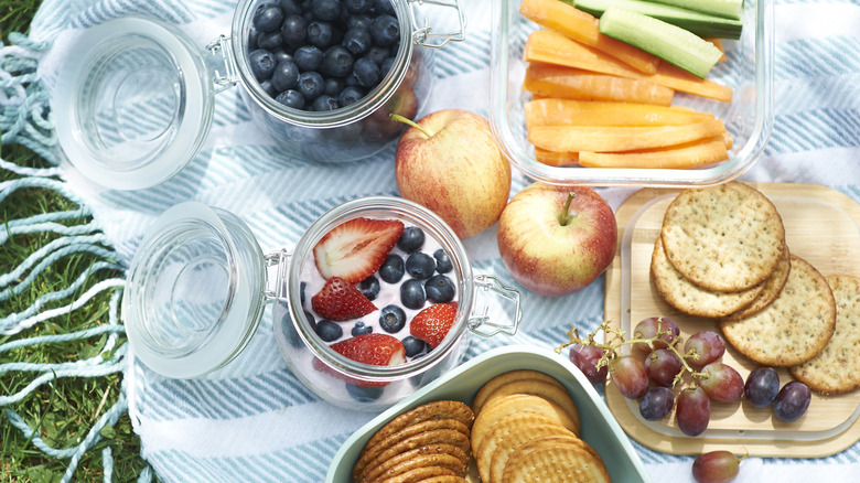 Bir battaniyeye yayılmış piknik öğle yemeği