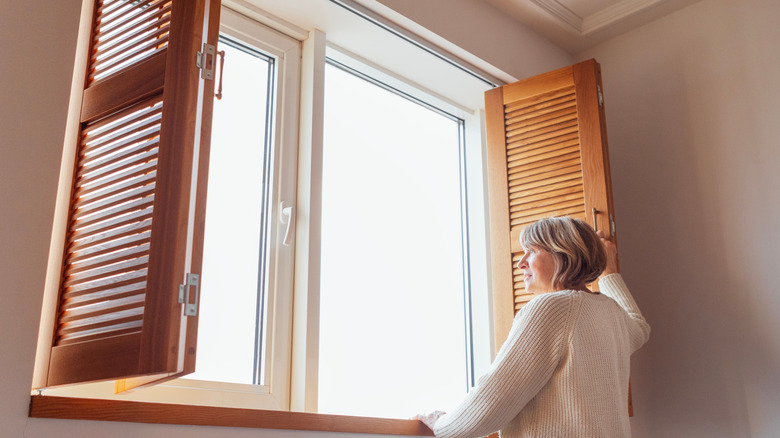 Garaj penceresinde iç panjurları açan kadın