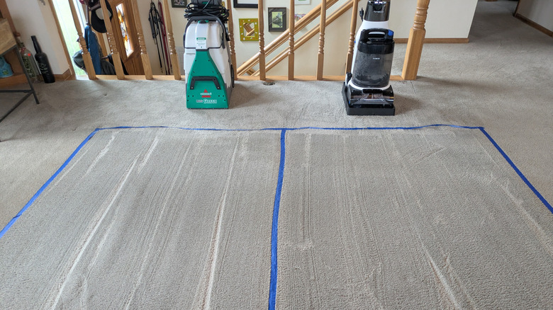 Tineco ve Bissell temizleyicileri başarılı bir şekilde temizledikleri halı bölümlerinin yanında duruyor.