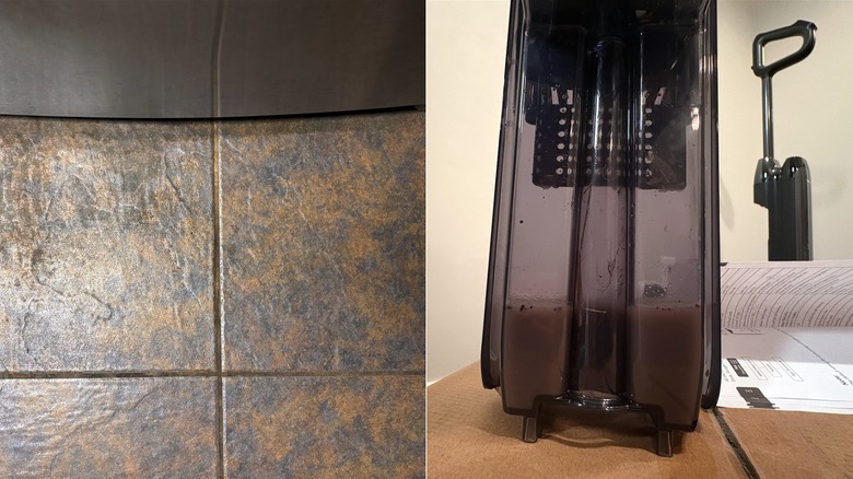 Yan yana bir fotoğraf, temiz olanın yanında kirli bir kiremit gösteriyor ve ikinci bir fotoğraf, Tineco zemin içinde saç ve enkazla dolu kirli suyu gösteriyor Bir S9 tankı