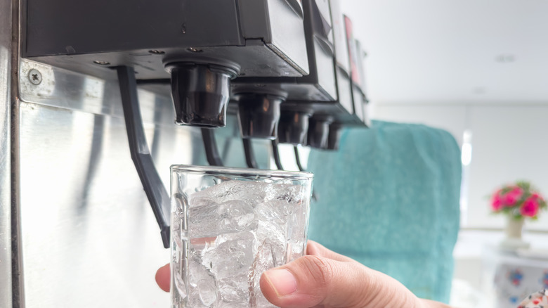 Bir kişi bir camı bir soda dağıtıcıya doldurur