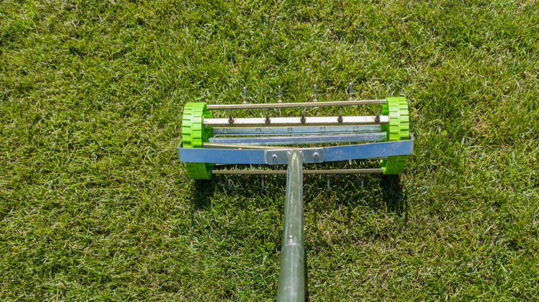 Yeşil çim üzerinde bir çim havalandırma aracı.