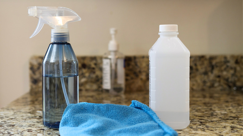 Bir sprey şişesi, bez ve şişe sürtünme alkolü bir mutfak tezgahında oturuyor