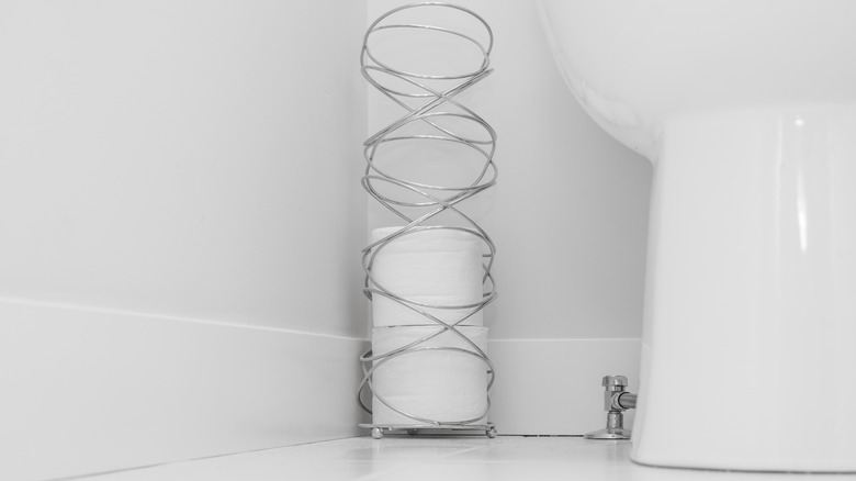 Tuvalet kağıdı bir tuvalet kağıdı standının içinde rulo