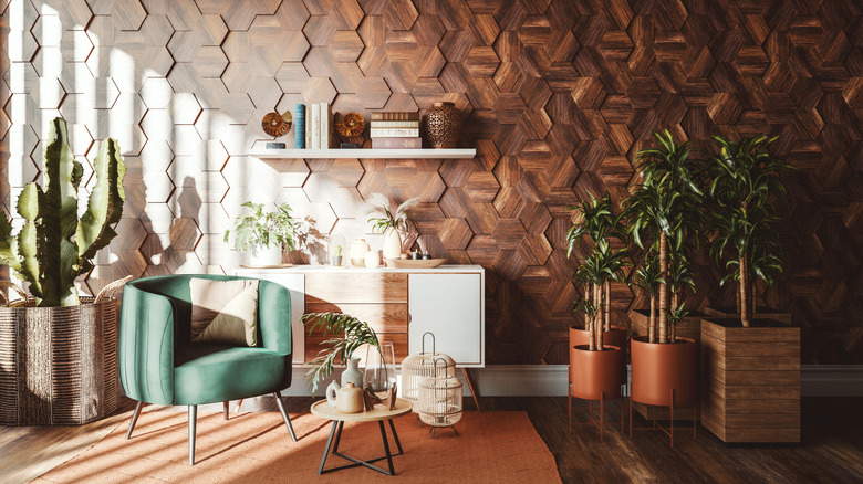 Yeşil ve pişmiş toprak renkleri ile oturma odası