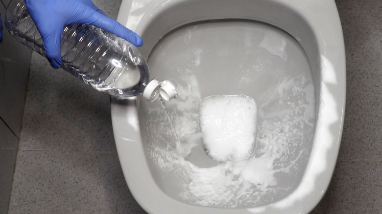 Tuvalet kasesinde kabartma tozu ile eldivenli mavi el serpme sirkesi