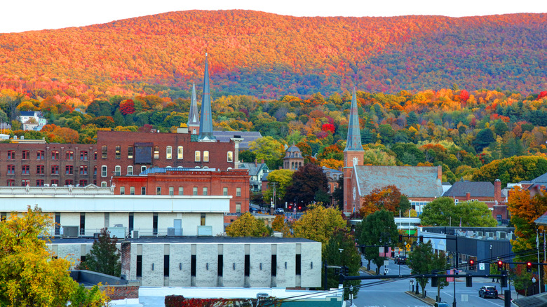 Arka planda sonbahar renkli Berkshires ile Kuzey Adams