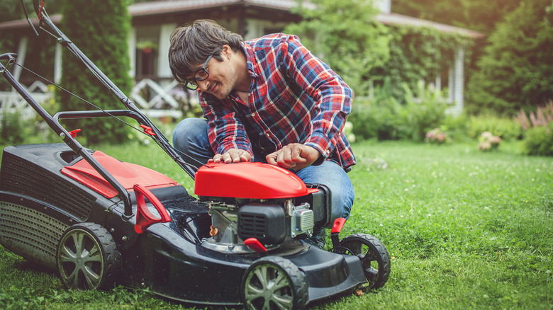 Çim biçme makinesini gözlemleyen bir adam