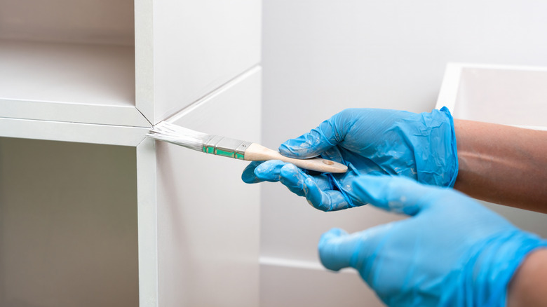 Mavi Eldivenlerde Eller Beyaz Dolap Boyama