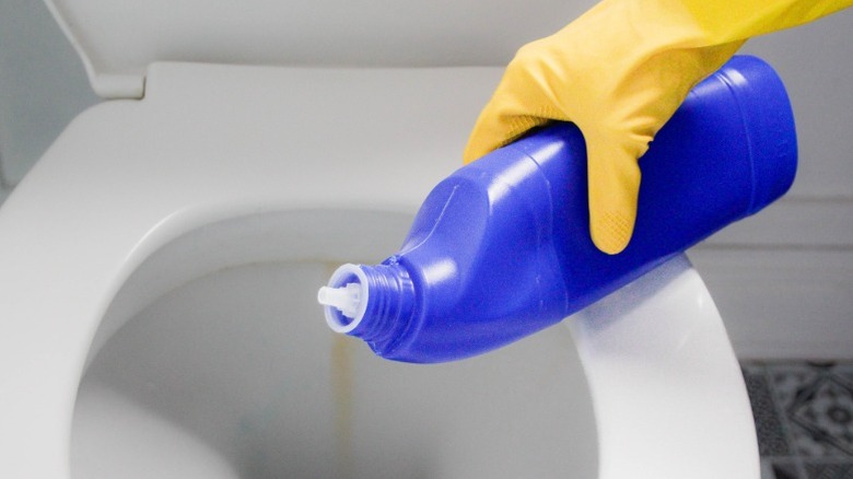 Sarı eldivenli bir tuvalet kasesine mavi tuvalet temizleyicisi uygulayan kişi.