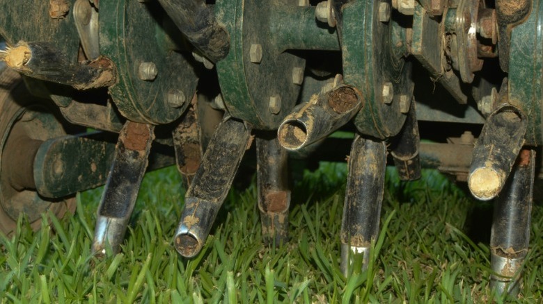 Yeşil çim üzerinde havalandırma makinesi dişlerinin yakınlaştırılması.