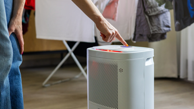 Çamaşır kurutmanın yanında bir nemlendiriciyi açan bir kişi