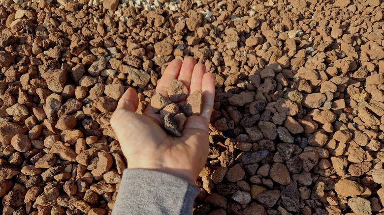 Kahverengi kayaları bir yığın kahverengi kaya üzerinde tutan el