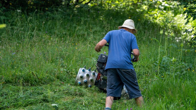 Mavi Gömlek ve Beyaz Şapkalı Adam Uzun Çimen'de Yürüyüş Biçme Makinesi Kullanıyor