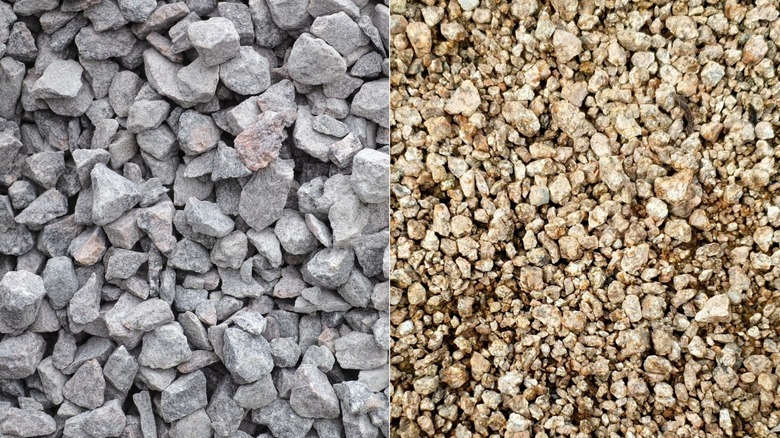 Bir tarafta ezilmiş taşın bölünmüş ekranı ve diğer tarafta ayrışmış granit